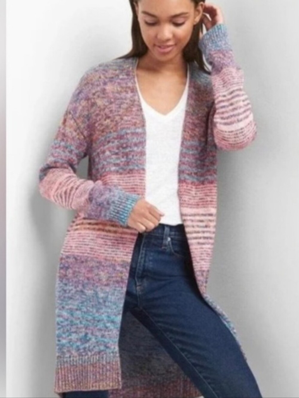 GAP Open-Front Multicolor Knit Long Cardigan Duster Sweater Pink Blue Purple XS